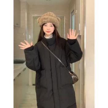 港風小個子黑色立領羽絨棉服女冬季高階感小眾寬松加厚中長款棉襖
