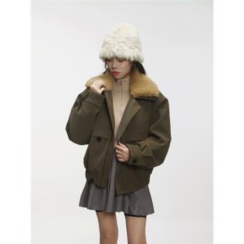 EHVK 2024冬季新品復古工裝短款可拆卸毛領麂皮pu棉服皮夾克外套