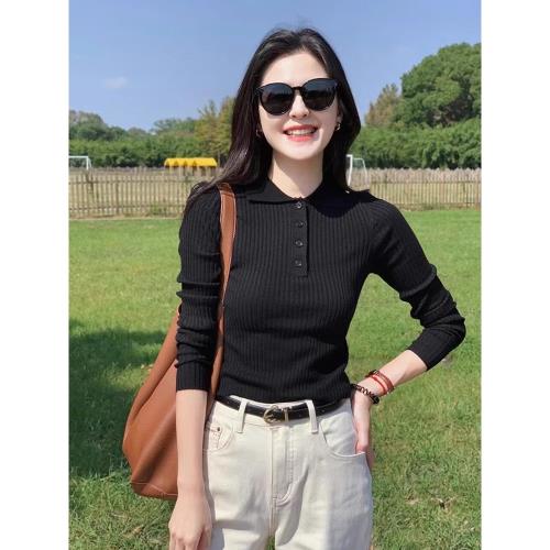 高級感Polo領黑色羊毛針織打底衫女秋冬修身顯瘦內搭短款長袖上衣