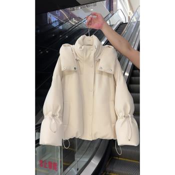 白色連帽單排扣棉服外套女冬季寬松保暖簡約高階感外搭派克服上衣