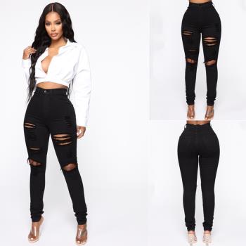 Ladies jeans elastic pants ripped women trousers女牛仔褲高腰