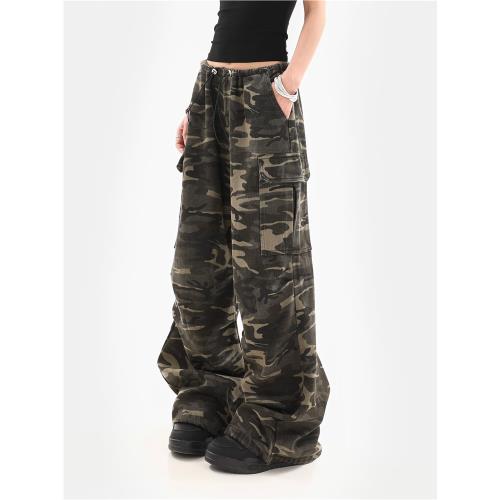 美式復古迷彩工裝褲女夏季新款設計感抽繩休閑寬松垂感闊腿褲子潮