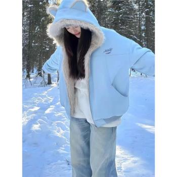 貓兔耳朵麂皮絨毛領座山雕冬季加厚保暖學院風情侶棉衣棉服外套女