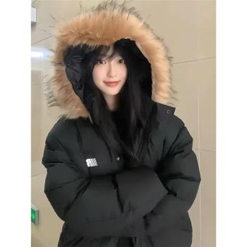 美式復古黑色毛領連帽羽絨棉服女秋冬季小個子寬松加厚保暖麵包服