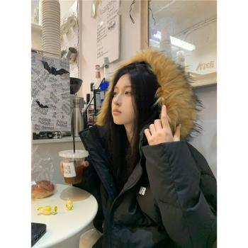 大毛領黑色派克羽絨棉服女款冬季短款小個子加厚保暖情侶棉襖外套