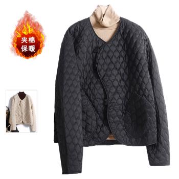 大口袋純色圓領長袖寬松外套棉服