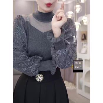 高階氣質半高領拼接網紗毛衣女2025年早春法式輕奢灰色蕾絲打底衫