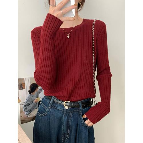 2026春季復古安哥拉紅針織毛衣女韓版正肩坑條上衣別致內搭打底衫