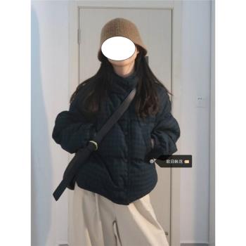 大碼復古綠色格子立領棉服女冬季寬松短款加厚麵包服學生棉衣外套