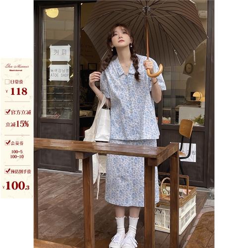 jmwomen小碎花開叉半身裙短袖襯衫套裝女夏季日系復古休閑兩件套