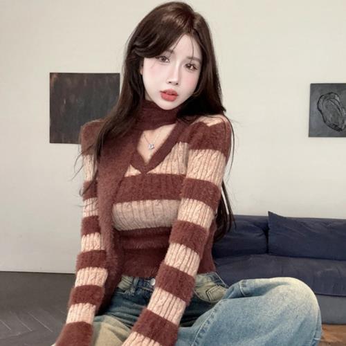 純欲辣妹v領掛脖上衣女春秋條紋針織打底衫內搭美拉德水貂絨毛衣