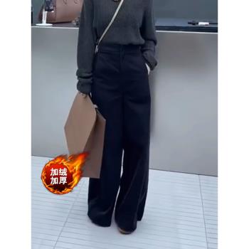 歐貨加絨加厚燈芯絨闊腿褲2025冬季梨形身材顯高腿長黑色彎刀褲子