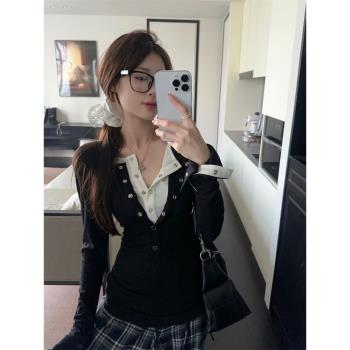 黑色假兩件長袖T恤女秋季設計感小眾修身打底衫獨特別致chic上衣