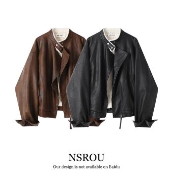 NSROU美式復古酷颯風加絨黑色皮衣外套女冬季小個子短款機車夾克