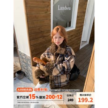 橘子樹在哪兒復古格子羊羔毛拼接毛呢外套女冬季寬松加厚保暖棉衣