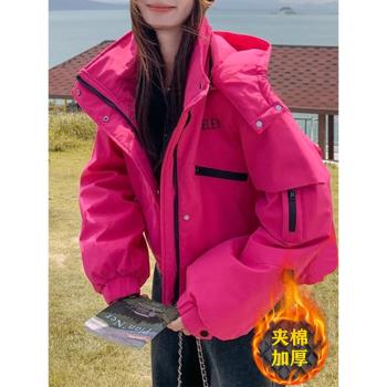 高階感純色沖鋒衣外套女2025秋冬季新款夾綿加厚工裝派克服爆款潮