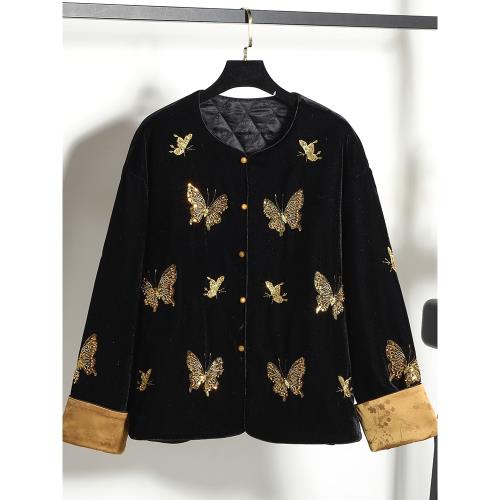 新中式國風絲絨棉服外套女冬季重工釘珠蝴蝶刺繡拼接提花袖口上衣