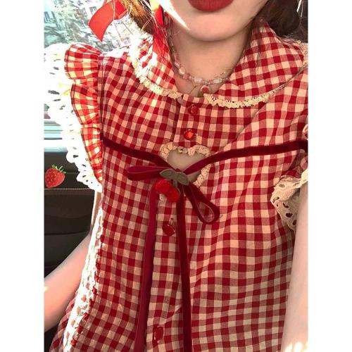 甜美娃娃領格子襯衫女夏法式設計感小眾無袖背心花邊系帶別致上衣