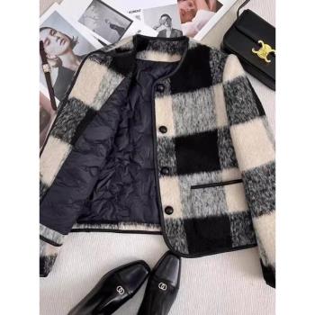 高階白鴨絨內膽羽絨服小香風外套女2024秋冬新款格子毛呢短款上衣