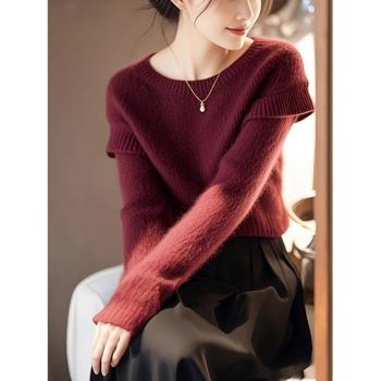 法式精緻絕美酒紅色圓領長袖毛衣針織衫女秋冬款洋氣好看內搭小衫