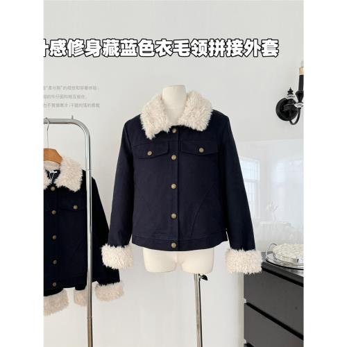 原創設計秋冬新款修身藏藍色短款外衣夾棉毛領拼接夾克上衣外套女