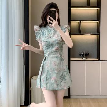 時尚流行套裝歐貨2024夏季新款女裝盤扣開叉上衣松緊腰短褲兩件套