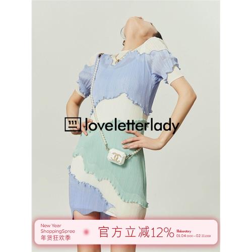 趙昭儀同款淺藍色連衣裙2025夏新款女不規則設計撞色拼接百搭短裙