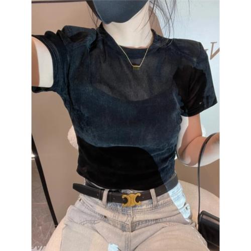 夏季時尚百搭女神范修身短款絲絨上衣女設計感小眾墊肩短袖T恤潮