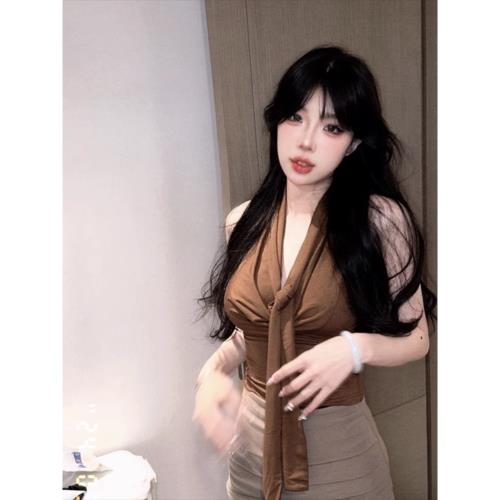 美式辣妹掛脖蕩領系帶吊帶背心女夏季性感褶皺修身無袖內搭小上衣