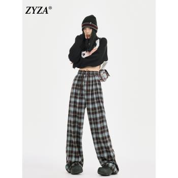 ZYZA藍色格子褲慵懶鬆弛感加絨保暖闊腿秋裝梨型身材褲子女春秋款