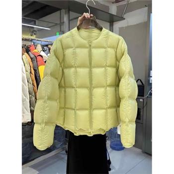 泡芙棉服女2024年新款冬季加厚保暖方格圓領超輕短款外套棉衣棉襖