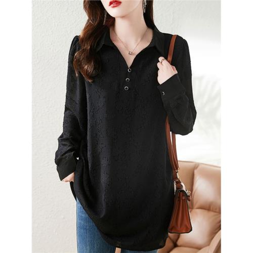 九月陌墨春秋新款長袖中長款襯衫女士洋氣遮肚子小衫寬松顯瘦襯衣