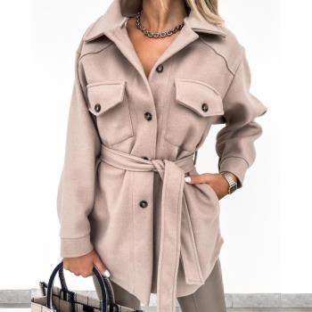 歐美氣質秋冬女寬松顯瘦收腰腰帶呢子中長款外套仿毛呢開衫Coat