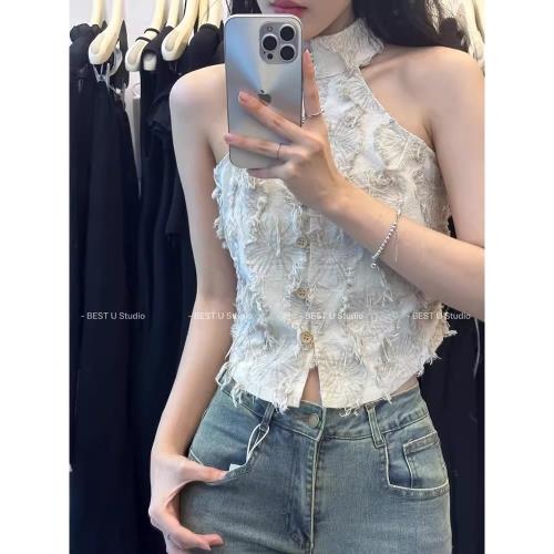 法式復古風不規則流蘇掛脖吊帶背心女夏季設計感小眾外穿短款上衣