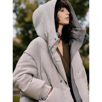 ELLE90白鴨絨灰色短款連帽羽絨服女2024冬季新款休閑拼接保暖外套
