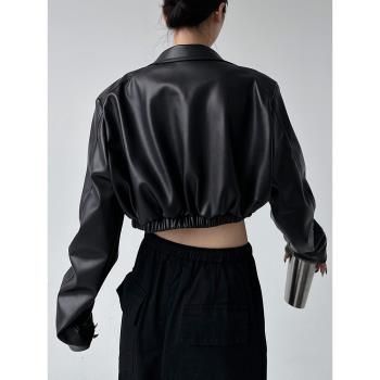 美式復古長袖翻領皮衣外套女2025春秋冬季甜酷妹機車夾克短款上衣