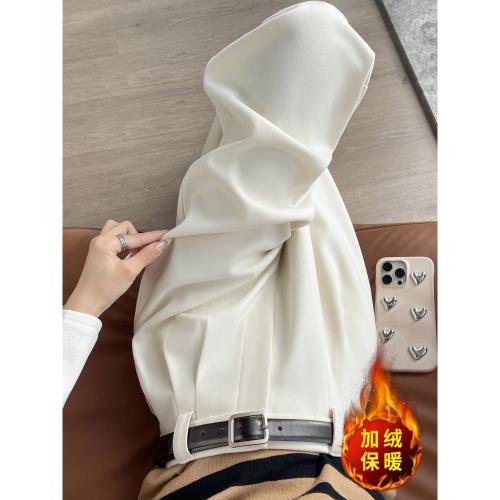 米白色加絨加厚西裝褲女秋冬高腰顯瘦寬松直筒垂感拖地毛呢闊腿褲