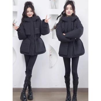 時尚工裝羽絨棉服女2024冬季新款收腰顯瘦沖鋒衣連帽保暖棉衣外套