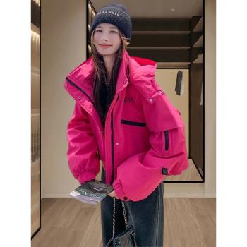 2025秋冬季新款玫紅色加棉風衣女中長款超好看加厚棉外套連帽韓版