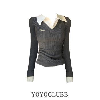 YOYOCLUBB高階感假兩件針織衫女2025春大碼學院風修身Polo領上衣