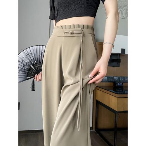 新中式國風冰絲西裝闊腿褲女夏季薄款盤扣高腰寬松休閑垂感拖地褲