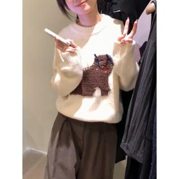 2024秋季新款慵懶風寬松可愛上衣溫柔蝴蝶結羊羔毛小狗毛衣女減齡
