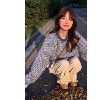 韓系復古撞色條紋藍色毛衣女秋冬寬松慵懶高階感休閑加厚針織上衣