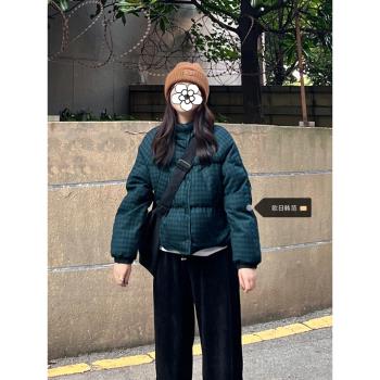 大碼設計感綠格子羽絨棉服女冬季短款立領麵包服寬松加厚棉衣外套