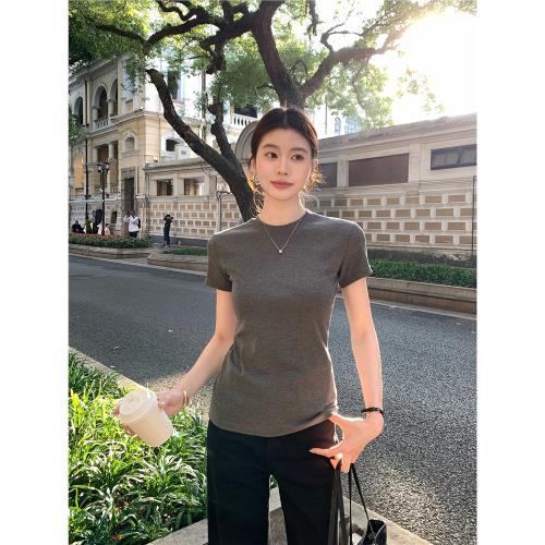 灰色正肩短袖t恤女2026夏季新款純色圓領基礎百搭修身顯瘦上衣服