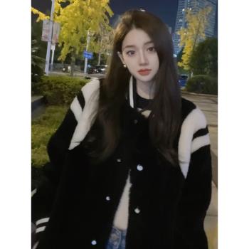 2024新款爆款黑色立領搖粒絨棒球服加絨加厚羊羔毛絨外套女秋冬季