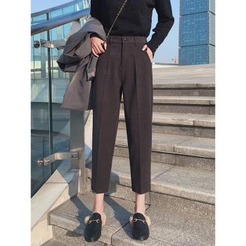 毛呢褲子女秋冬加絨加厚小個子八分直筒寬松西裝褲休閑蘿卜哈倫褲