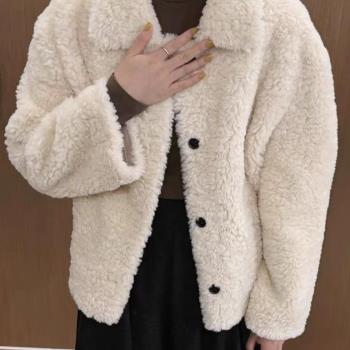 韓國東大門2024冬季新款翻領羊羔毛外套女短款寬松加厚皮草大衣潮