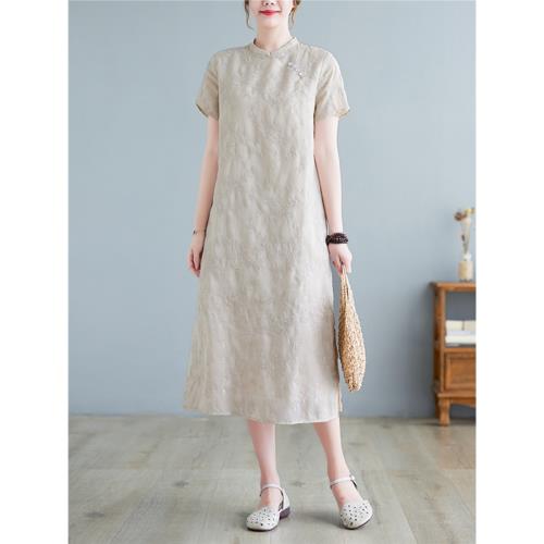國風高端刺繡改良旗袍裙大碼女裝年輕款斜襟短袖側開叉棉麻連衣裙