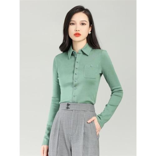 白領哥弟新春秋冬新款Polo領修身顯瘦羊毛襯衫百搭打底衫女士襯衣